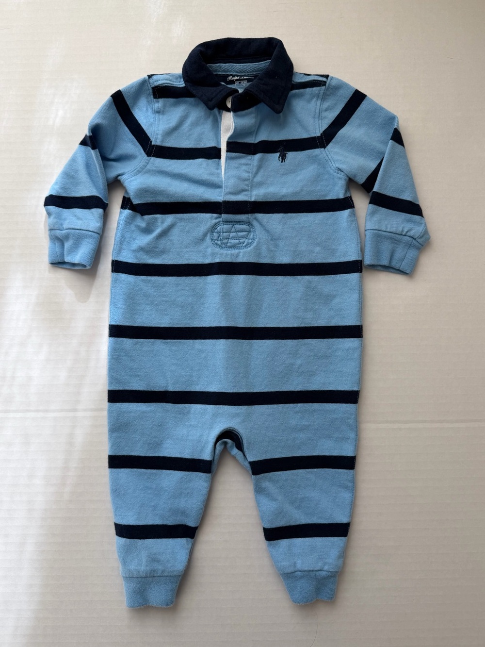 Ralph Lauren Baby Boys Blue Striped Rugby Coverall Romper 6M